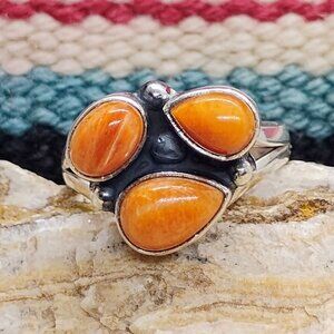 Southwest Sterling Silver Triple Stone Orange Spiny Oyster Ring Size 8 OOAK